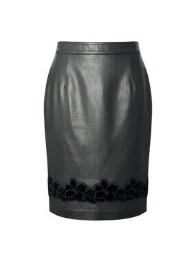 Loewe Leather Skirt Knee Length Flower Motif Floral Pattern 38 Black